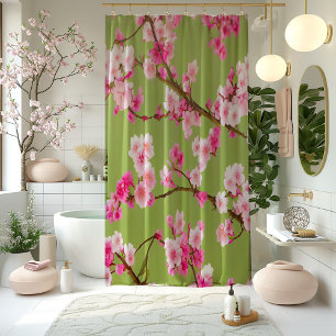 Stunning Pink Cherry Blossom op Chartreuse Green Douchegordijn
