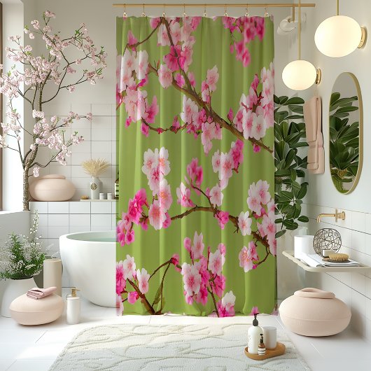 Stunning Pink Cherry Blossom op Chartreuse Green Douchegordijn