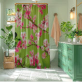 Stunning Pink Cherry Blossom op Chartreuse Green Douchegordijn