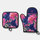 Stunning Pink Floral Bloom Monogrammed Ovenwant & Pannenlap Set (Voorkant)