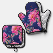 Stunning Pink Floral Bloom Monogrammed Ovenwant & Pannenlap Set (Voorkant / Achterkant)