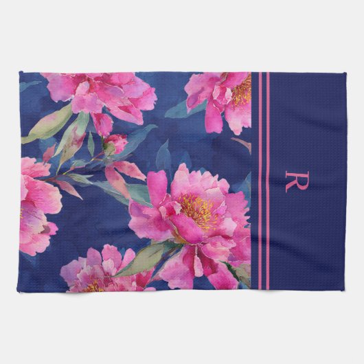 Stunning Pink Floral Bloom Monogrammed Theedoek (Horizontaal)