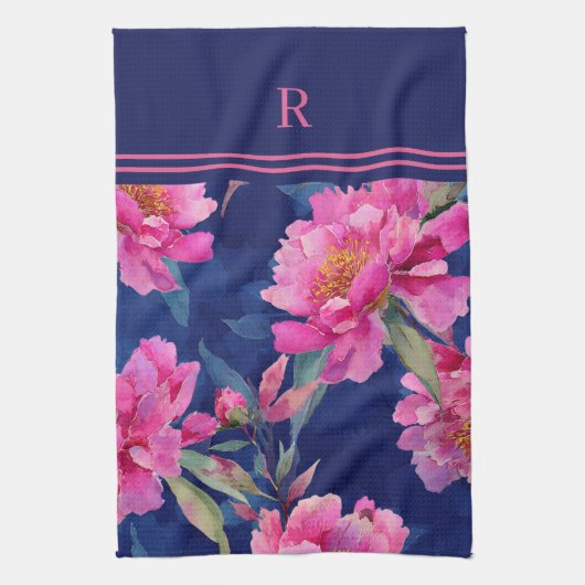 Stunning Pink Floral Bloom Monogrammed Theedoek (Verticaal)