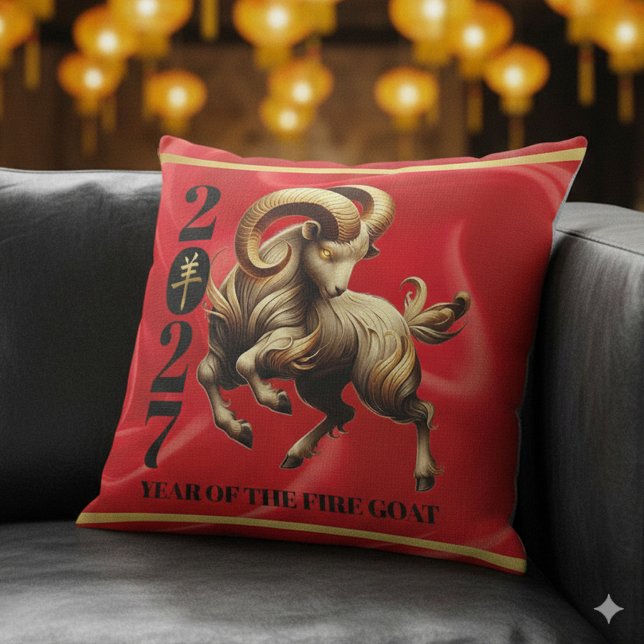 Stunning Red Gold Chinese Year of Fire Goat 2027 Kussen (Stunning Red & Gold Chinese Year of the Fire Goat 2027 Throw Pillow Cover Photo)