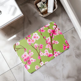 Stunning Roze Kersenbloesems op Chartreuse Groen Badmat