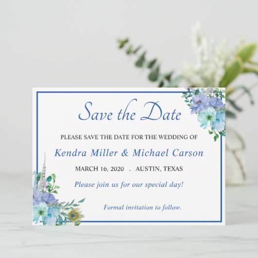 Stunning Sapphireblauwe Bloemige Bewaar De Datum Save The Date (Staand voorkant)