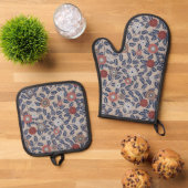 Stunning Teal and Magenta Foliage Pattern Ovenwant & Pannenlap Set (Top down)