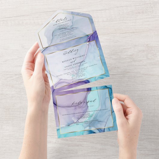 Stunning Violet Aqua Abstracte Inkt All In One Uitnodiging (Afscheurbaar)