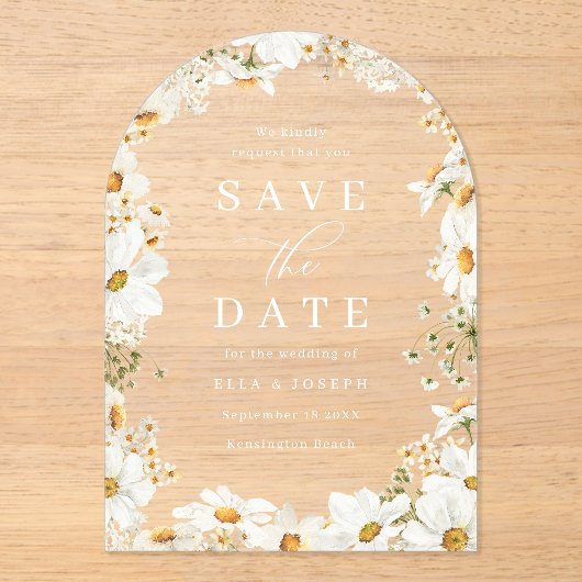 Stunning White Flowers Wedding Save The Date Acryl Uitnodigingen (Voorkant)