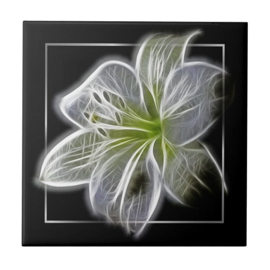 Stunning White Lily Fractal Art Black Tegeltje (Voorkant)
