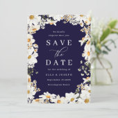 Stunning Witte Bloemen & Diep Marineblauw Huwelijk Save The Date (Staand voorkant)