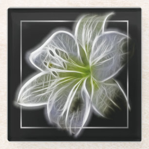 Stunning Witte Lelie Fractale Kunst Zwart Glazen Onderzetter