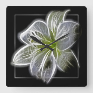 Stunning Witte Lelie Fractale Kunst Zwart Vierkante Klok