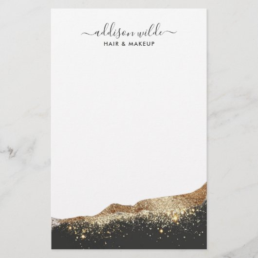 Stunning Zwarte En Gouden Glitter Trendy Script Briefpapier (Voorkant)