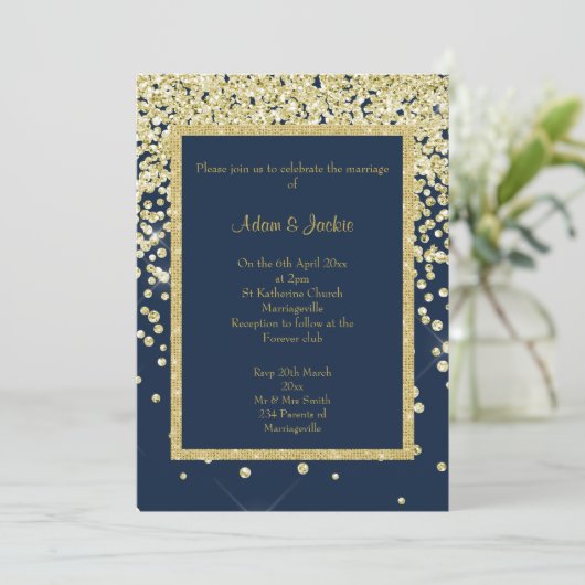 STUNTEN NAVY GOLD SPARKLE WEDDING CUSTOM KAART (Staand voorkant)