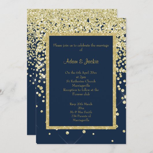 STUNTEN NAVY GOLD SPARKLE WEDDING CUSTOM KAART (Voorkant / Achterkant)