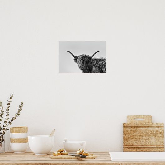 Sturdy highland koe in monochroom poster (Keuken)