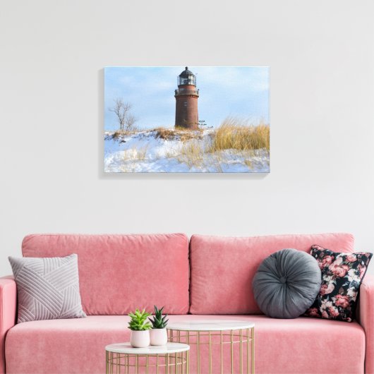 Sturdy Lighthouder op een Rocky Coast in Winter Canvas Afdruk (Insitu (Woonkamer))