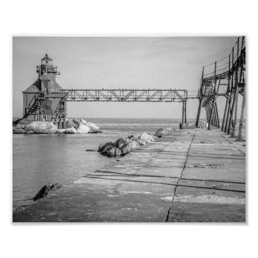Sturgeon Bay Lighthouder Pier Black en White Foto Afdruk (Voorkant)