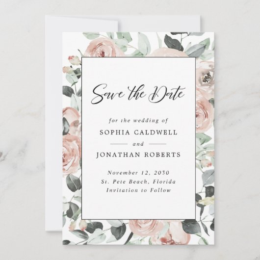 Stustachtig Roos Floral Eucalyptus Wedding Save The Date (Voorkant)