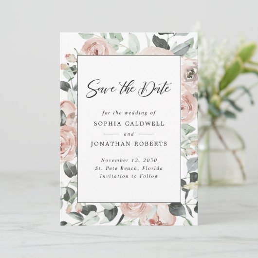 Stustachtig Roos Floral Eucalyptus Wedding Save The Date (Staand voorkant)