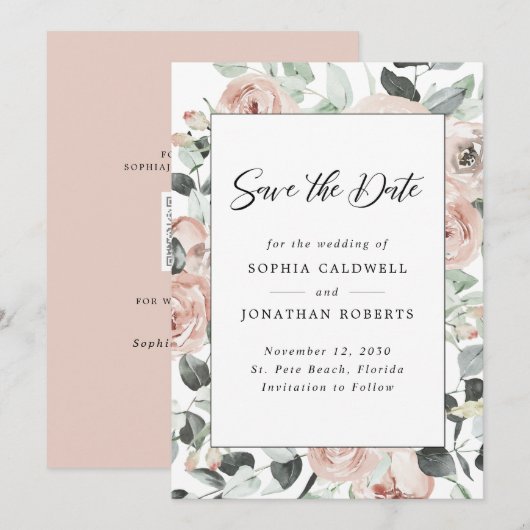 Stustachtig Roos Floral Eucalyptus Wedding Save The Date (Voorkant / Achterkant)