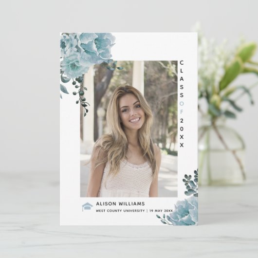 Stustblauw bloemen Klasse 2023 Foto van afstuderen Aankondiging (Staand voorkant)