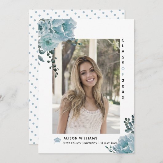 Stustblauw bloemen Klasse 2023 Foto van afstuderen Aankondiging (Voorkant / Achterkant)