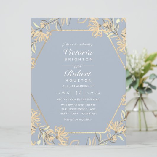 Stustblauw bloemgoud lijst Wedding Invitting Kaart (Staand voorkant)