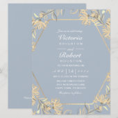 Stustblauw bloemgoud lijst Wedding Invitting Kaart (Voorkant / Achterkant)