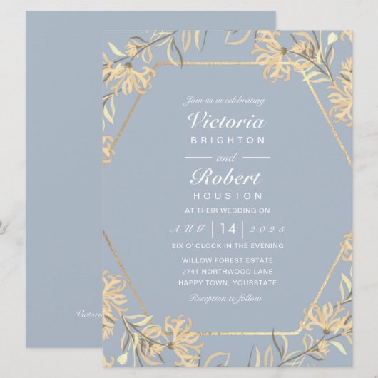 Stustblauw bloemgoud lijst Wedding Invitting Kaart (Voorkant / Achterkant)
