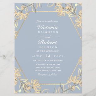 Stustblauw bloemgoud lijst Wedding Invitting Kaart
