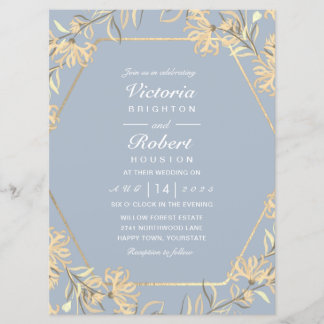 Stustblauw bloemgoud lijst Wedding Invitting Kaart