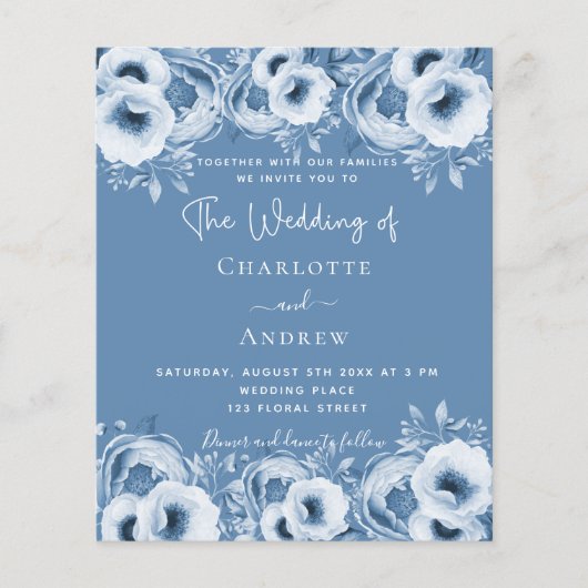 Stustblauw bloemkool huwelijksuitnodiging flyer (Voorkant)