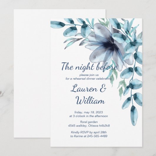 Stustblauw-bloemrepetitie Dinner Kaart (Voorkant / Achterkant)