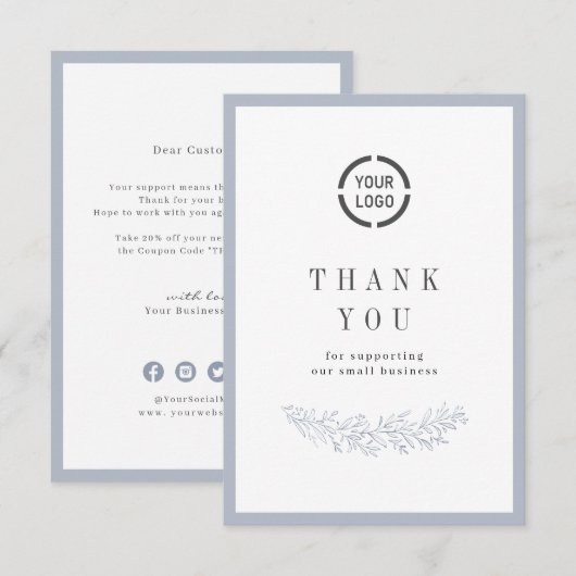 Stustblauw elegant botanisch met logo bedrijf bedankkaart (Voorkant / Achterkant)