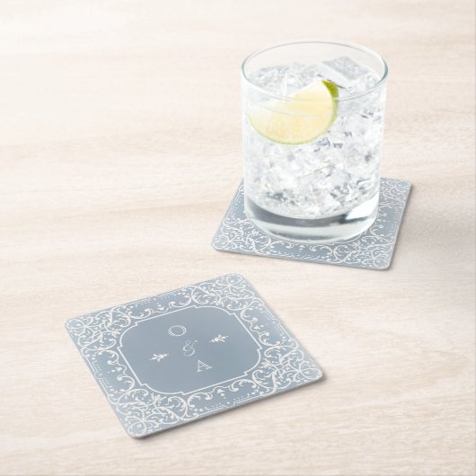 Stustblauw elegant romantisch  monogram kartonnen onderzetters (Insitu)