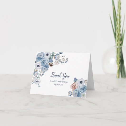 Stustblauw Floral Baby shower Bedankkaart (Voorkant)