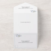 Stustblauw initiaal en ampersand, roos bruiloft all in one uitnodiging (Buitenkant)