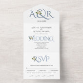 Stustblauw initiaal en ampersand, roos bruiloft all in one uitnodiging (Binnen)