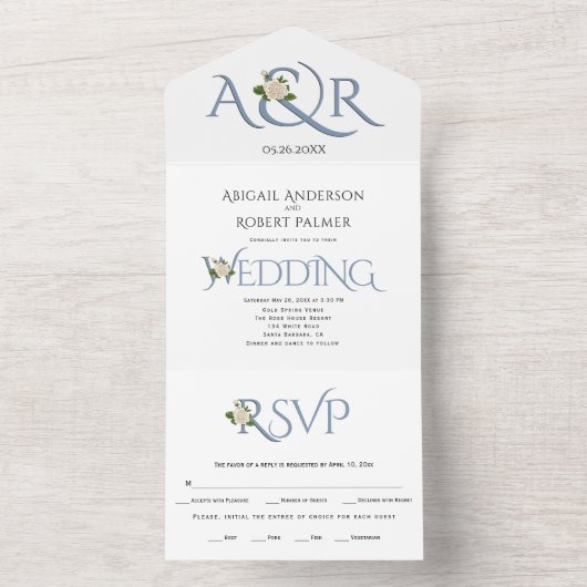 Stustblauw initiaal en ampersand, roos bruiloft all in one uitnodiging (Binnen)