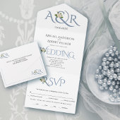 Stustblauw initiaal en ampersand, roos bruiloft all in one uitnodiging