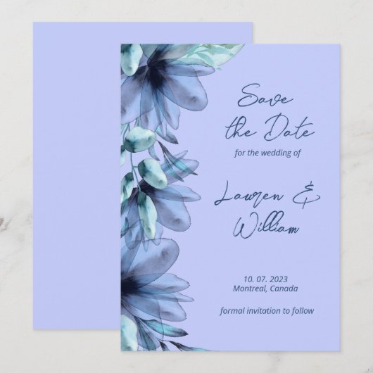 Stustblauw lavendel save the date (Voorkant / Achterkant)