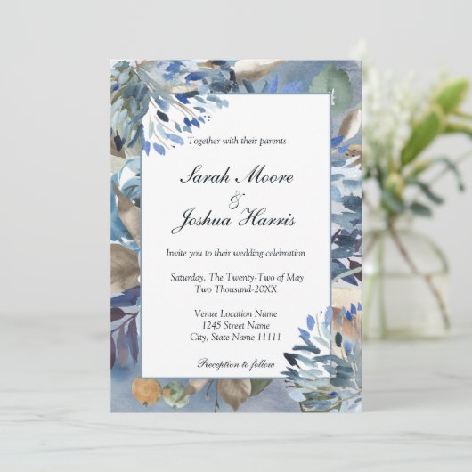 Stustblauw met lijst, uitnodiging voor bloemrijke  (Staand voorkant)