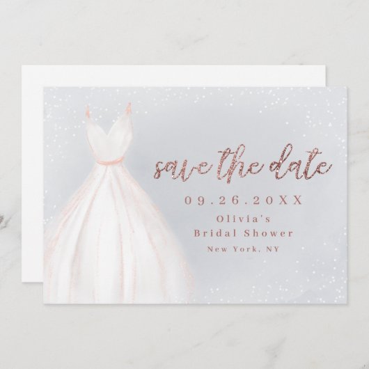 Stustblauw Roos Gold Elegant Dress slaat de datum  Save The Date (Voorkant / Achterkant)