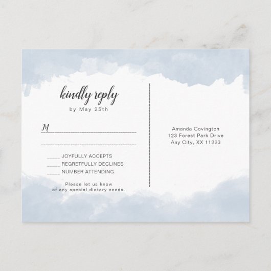 Stustblauw waterverf bruiloft rsvp briefkaart (Achterkant)