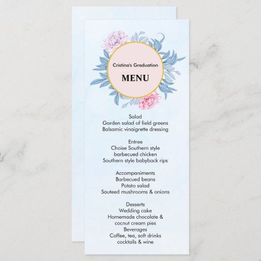 Stustblauw Waterverf Succulent Afstuderen Dinner Menu (Voorkant / Achterkant)