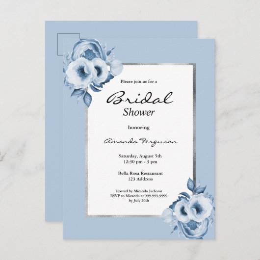 Stustblauw, witte bruine doucheuitnodiging briefkaart (Voorkant / Achterkant)