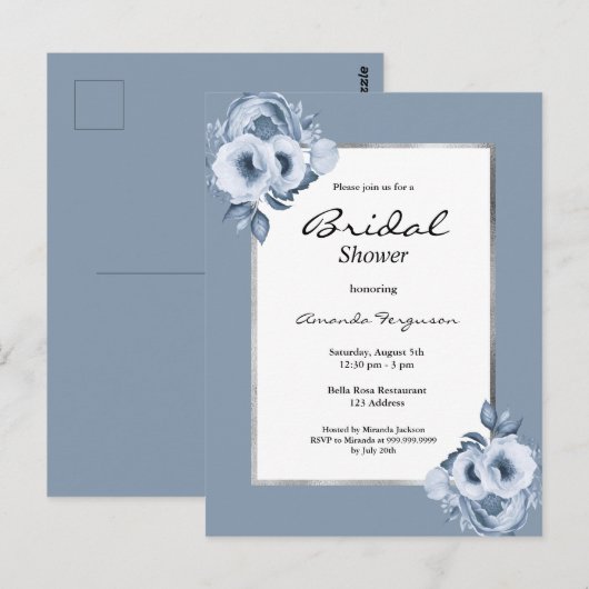 Stustblauw, witte bruine doucheuitnodiging briefkaart (Voorkant / Achterkant)