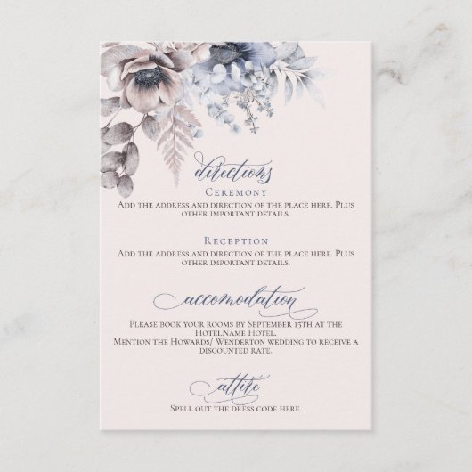 Stustblauwe beige florale elegant bruiloft details informatiekaartje (Voorkant)